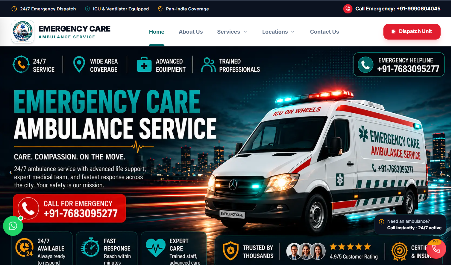 Website screenshot of Emergency Care Ambulance Service